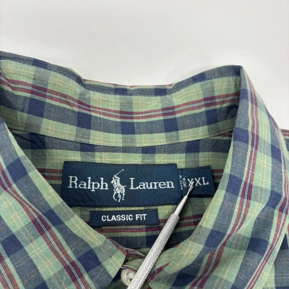 Ralph Lauren 2XL Green Blue Check Long Sleeve Button Down Classic Fit Shirt